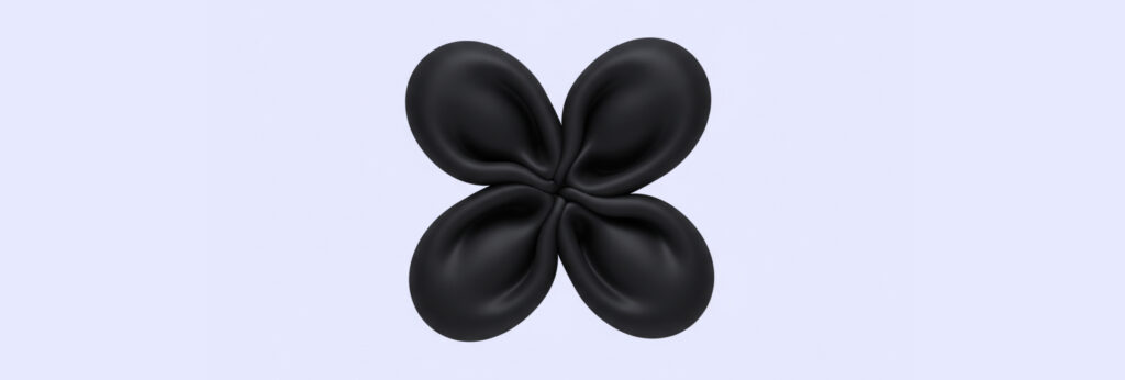 A symmetrical black shape with four rounded, petal-like lobes, resembling a stylized flower or butterfly, on a pale background.