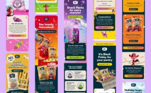 A colorful promotional email features snack packs, savings, and holiday deals, with cartoon monsters, product images, and bold call-to-action buttons on a purple background.