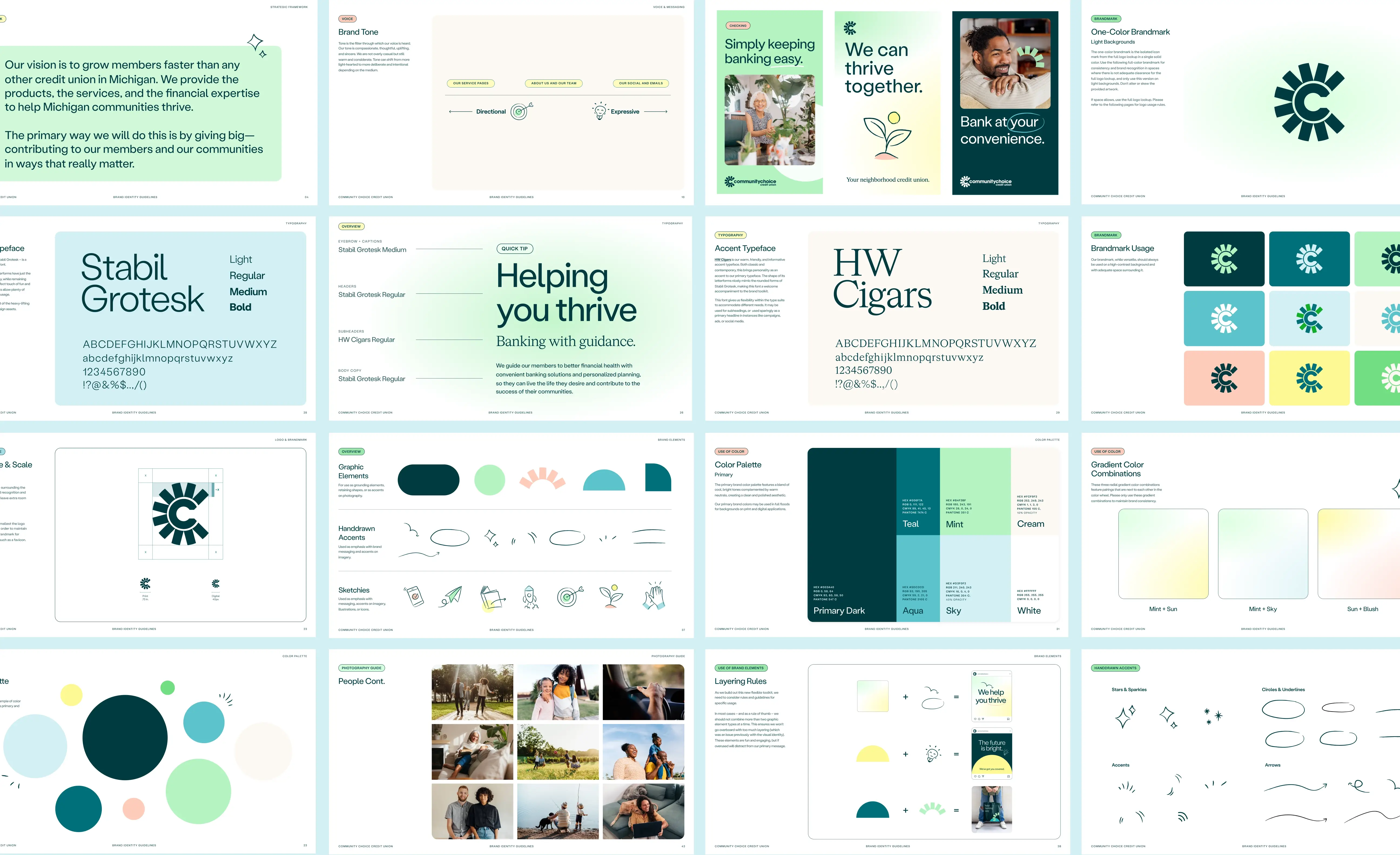 A branding guidelines document with sections on logo design, typography, color palette, imagery, and sample applications for a banking company.