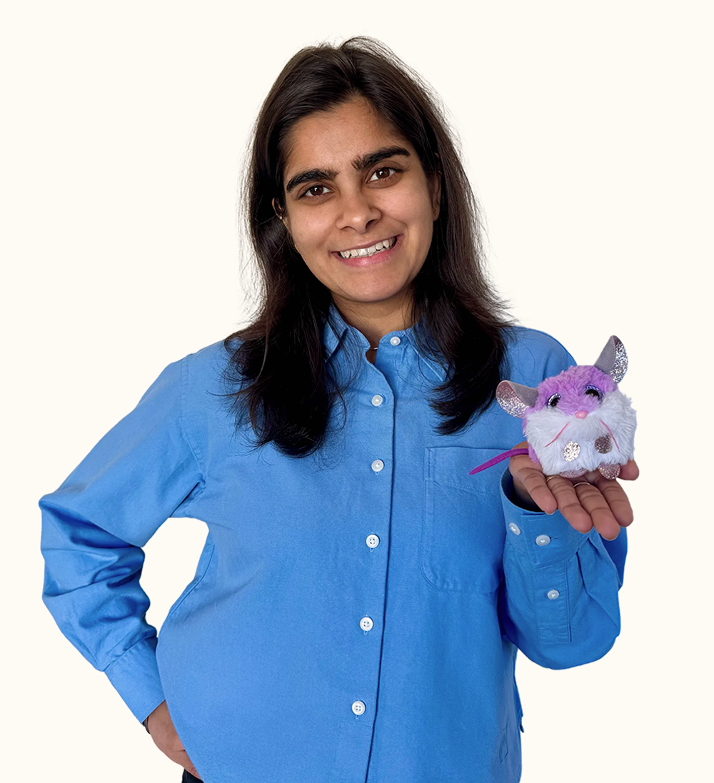 A person with long dark hair in a blue shirt smiles and holds a small, plush purple and white toy mouse with sparkly ears and nose.