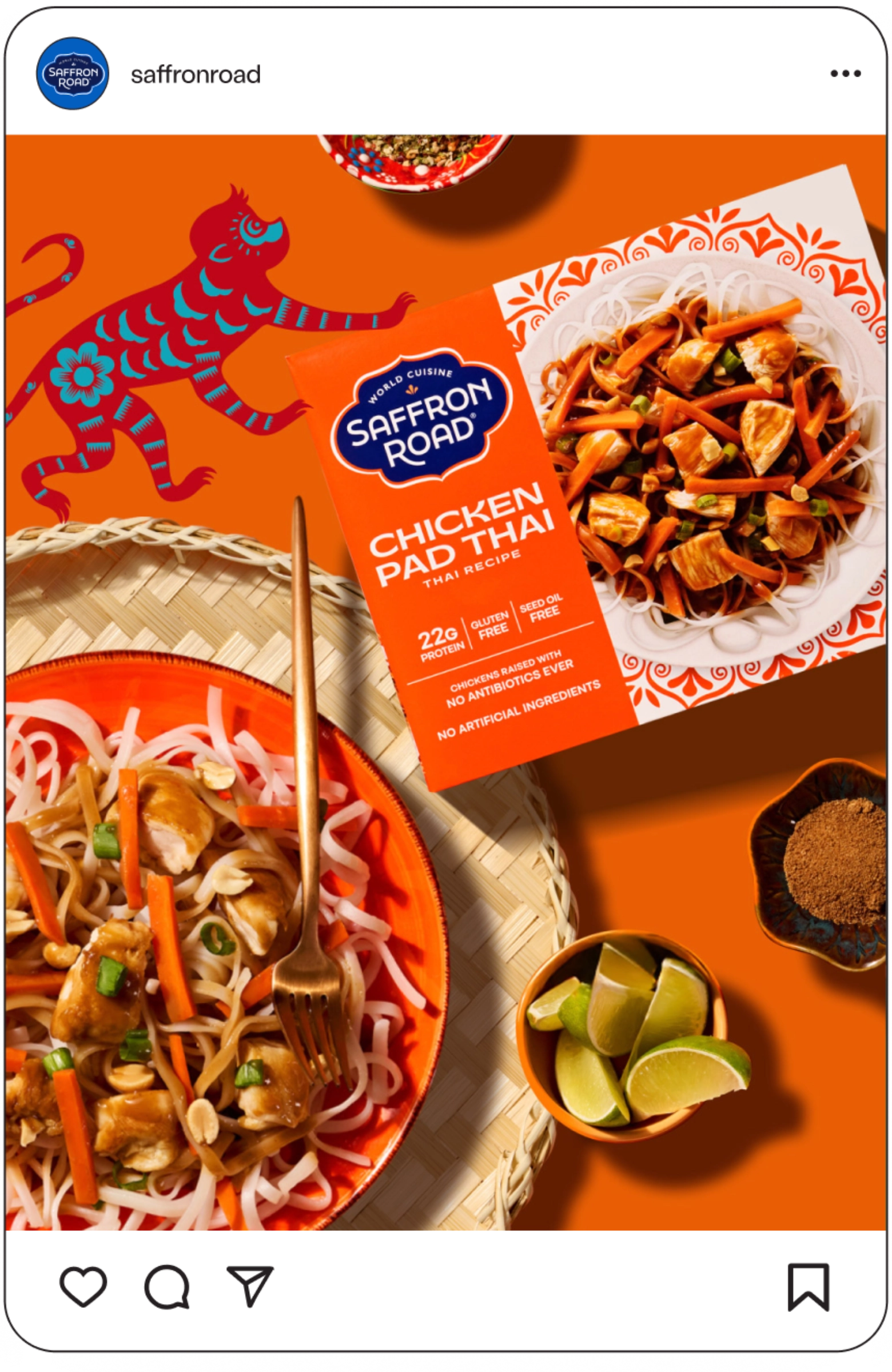 A colorful Instagram post shows Saffron Road Chicken Pad Thai with noodles, chicken, carrots, lime wedges, and sauce on an orange background with a blue tiger graphic.