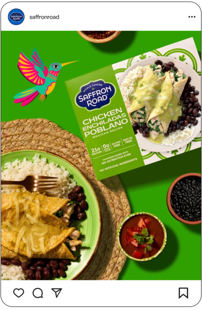 A Saffron Road Chicken Enchiladas Poblano meal is shown plated with rice and beans, next to the product box, salsa, and beans on a vibrant green background with a colorful bird illustration.