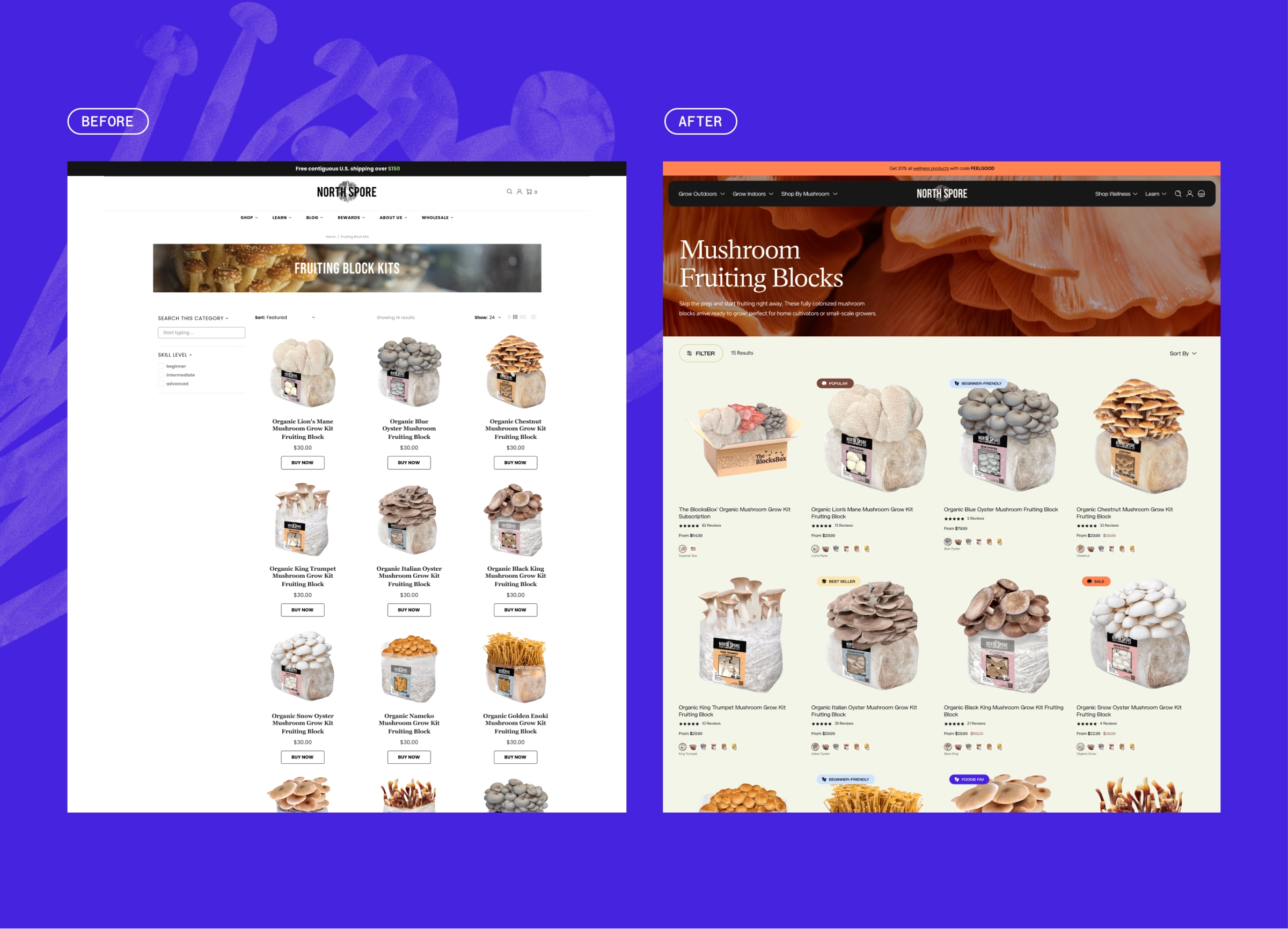 Side-by-side comparison of a websites old (left) and new (right) designs for mushroom fruiting blocks, showing an updated layout and improved visuals.