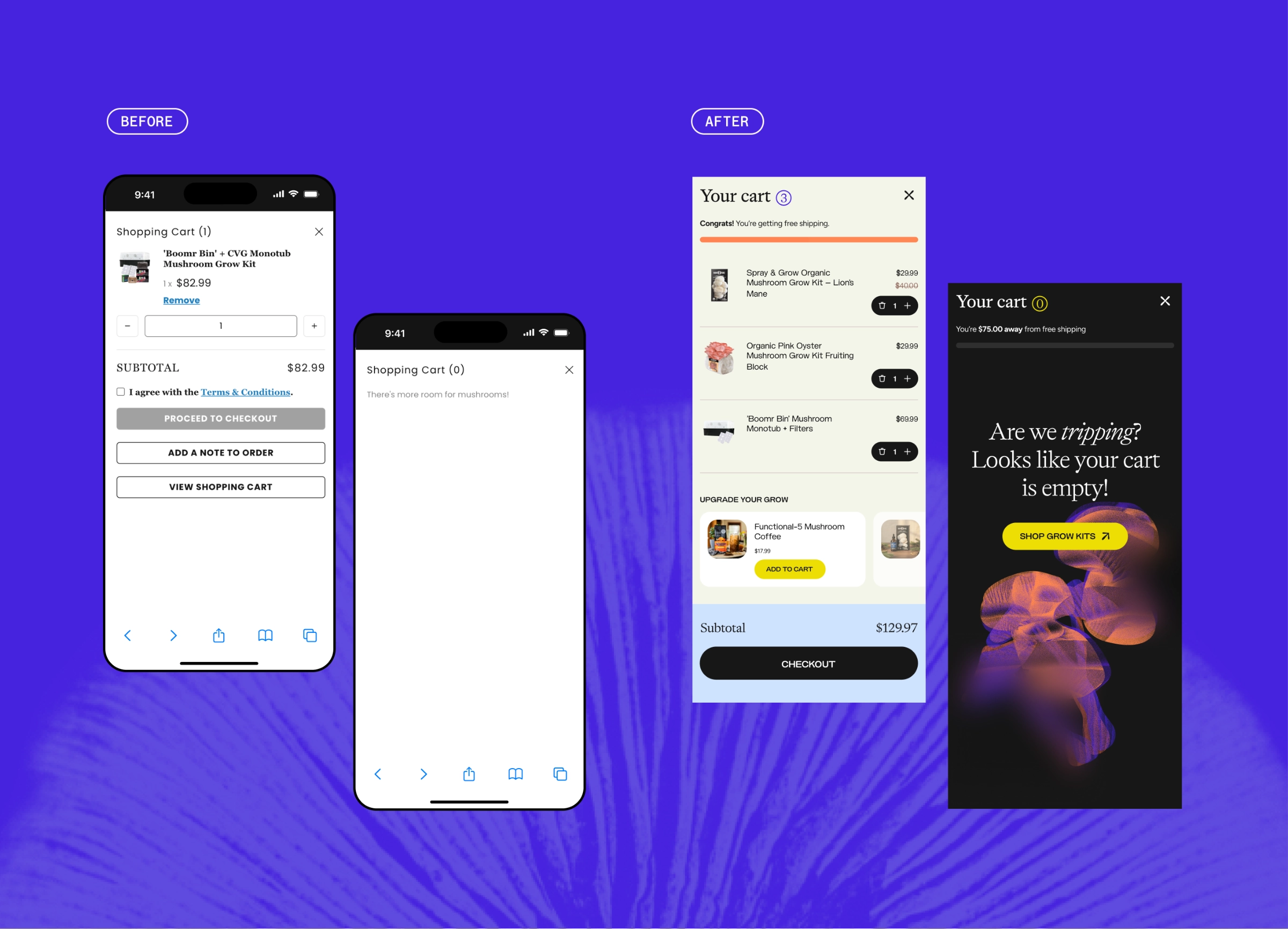 Before-and-after comparison of mobile shopping carts: the before screens show plain, minimal carts; the after screens show visually enhanced, detailed, and more engaging cart designs.