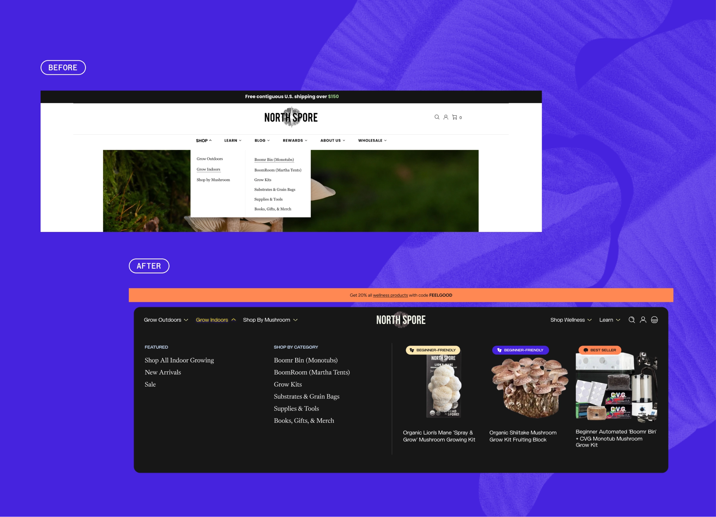 Before-and-after comparison of a website redesign; the old site has a white background and dropdown menus, the new site has a dark theme, clear categories, product images, and an orange top bar.