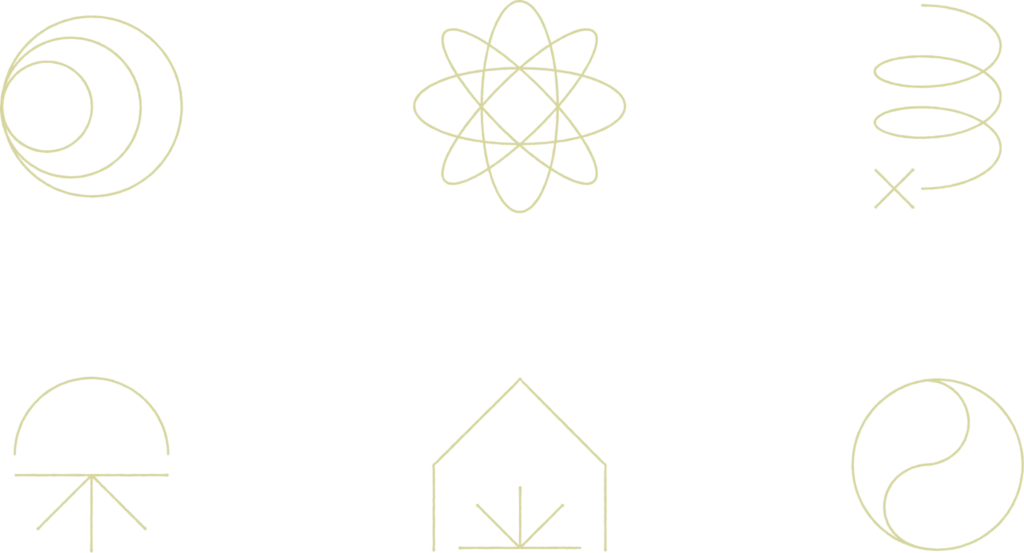 Six minimalist line icons: crescent moon, atom, spiral, tree, house with plant, and yin-yang symbol, all in light beige on a black background.