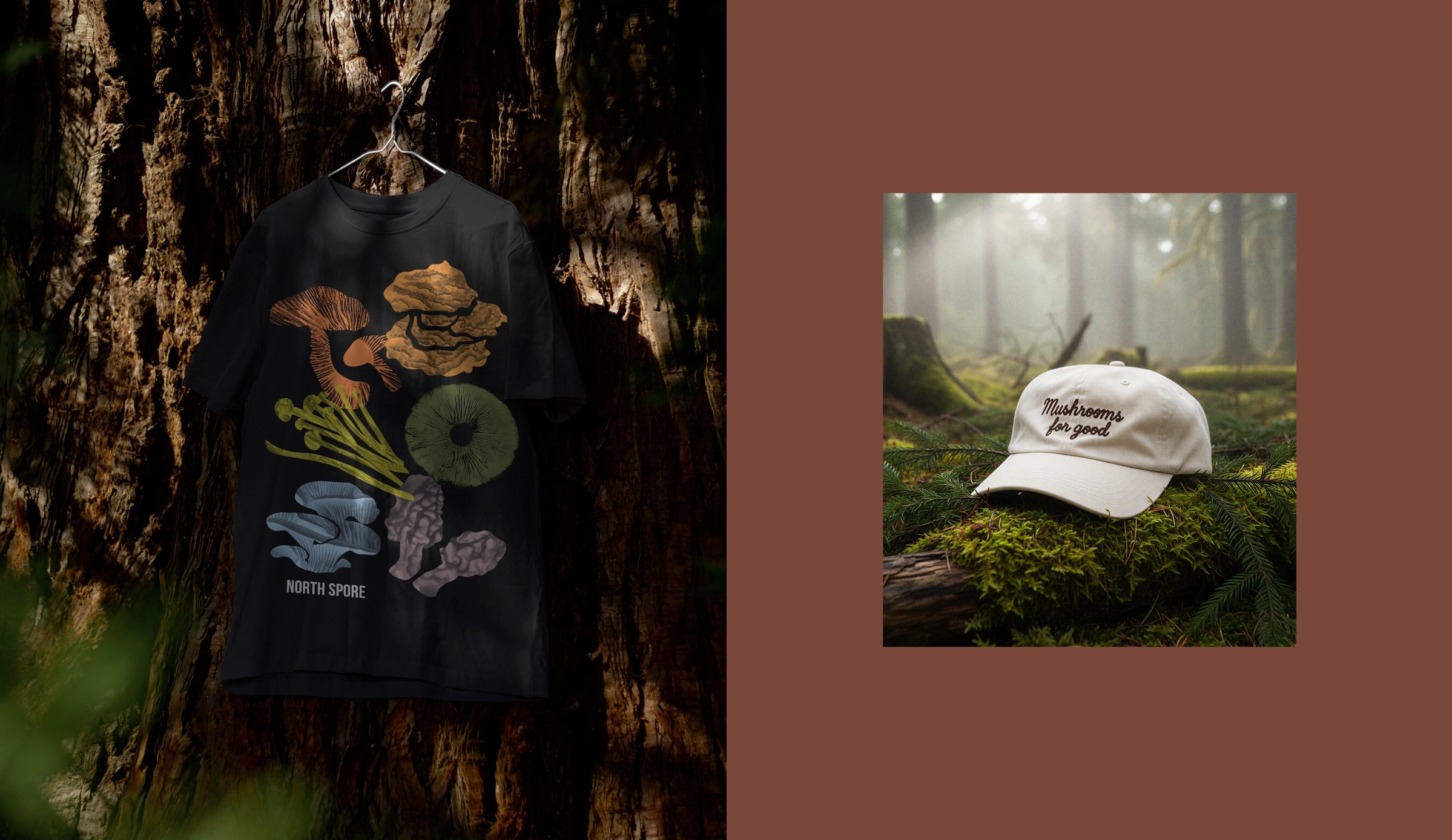 A black T-shirt with colorful mushroom illustrations hangs on a tree; beside it, a white cap with Mushrooms for good rests on moss in a forest scene.
