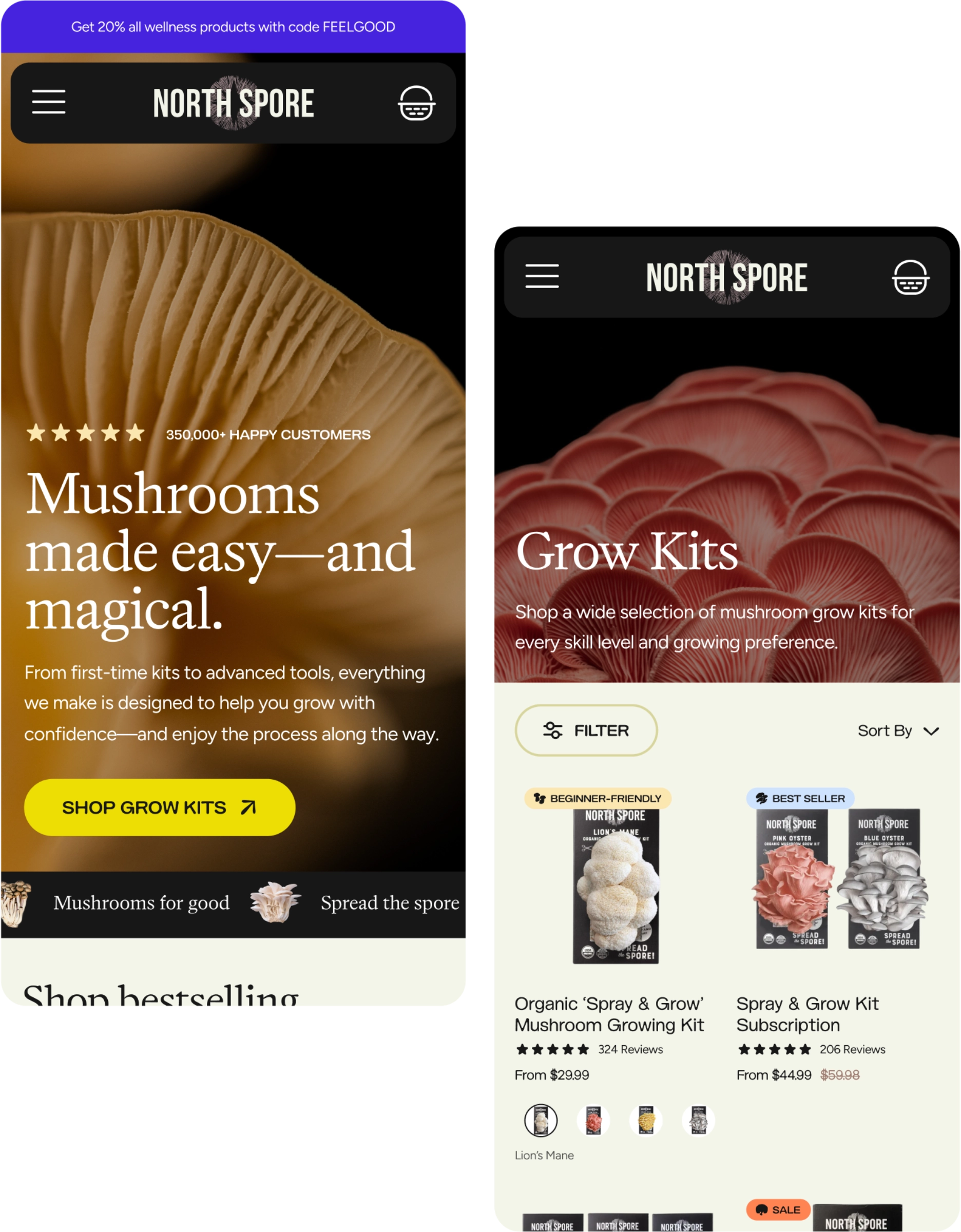 Screenshot of North Spore’s website showing mushroom growing kits, a 20% off wellness code, customer testimonials, and product options like spray and grow mushroom kits.