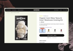 Screenshot of a product page for the Organic Lions Mane Spray & Grow Mushroom Growing Kit, showing the kit image and purchase options.
