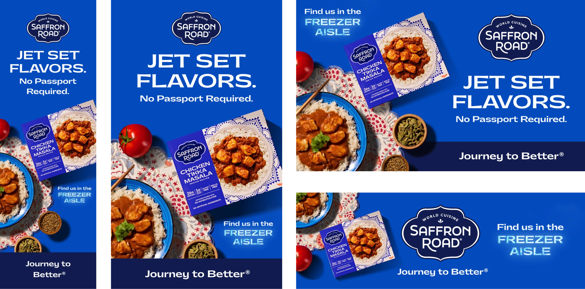 Four blue Saffron Road ads feature a boxed entrée, a plate of food, tomatoes, rice, naan, and green sauce, with the text Jet Set Flavors. No Passport Required.