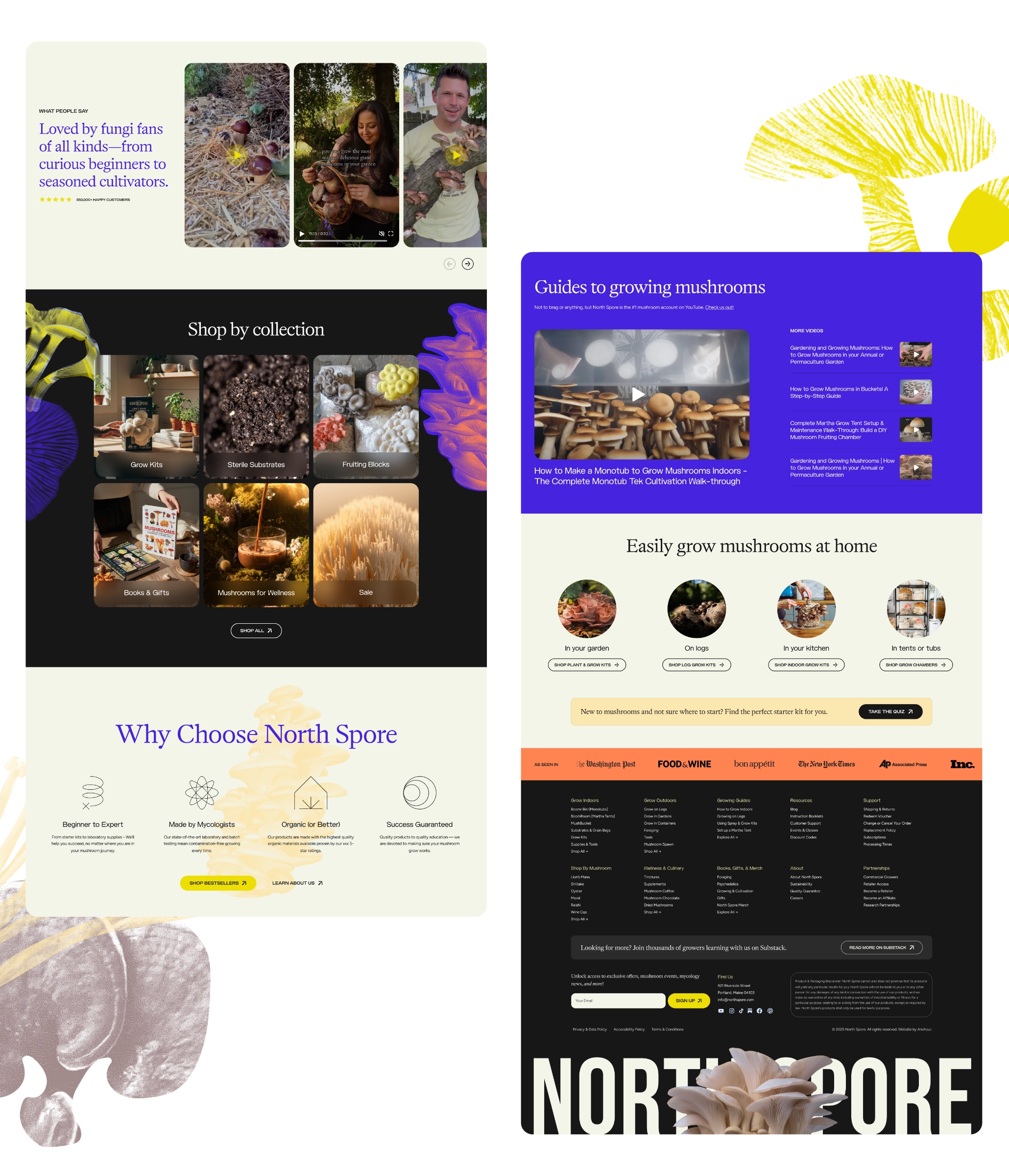 A website homepage featuring mushroom guides, collections, customer testimonials, and a footer, all with mushroom-themed graphics and photos.