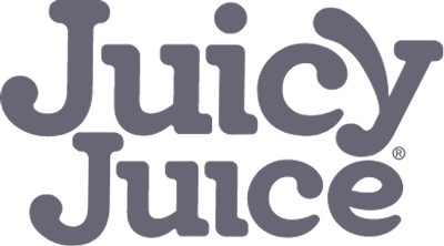 The image shows the Juicy Juice logo in bold, rounded gray letters with a playful design.